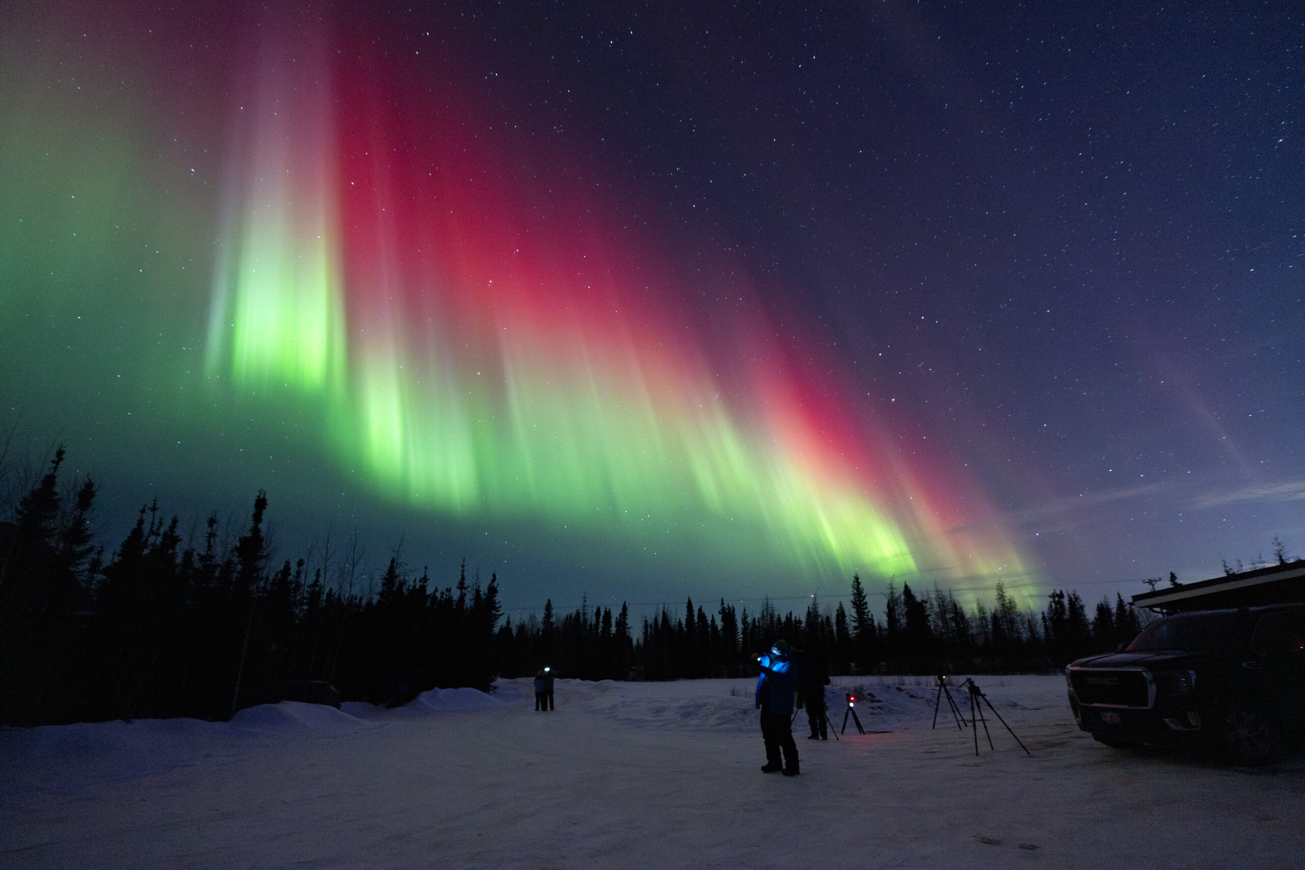 Workshops Bright red and green aurora borealis dancing in the night skies of Fairbanks, Alaska.